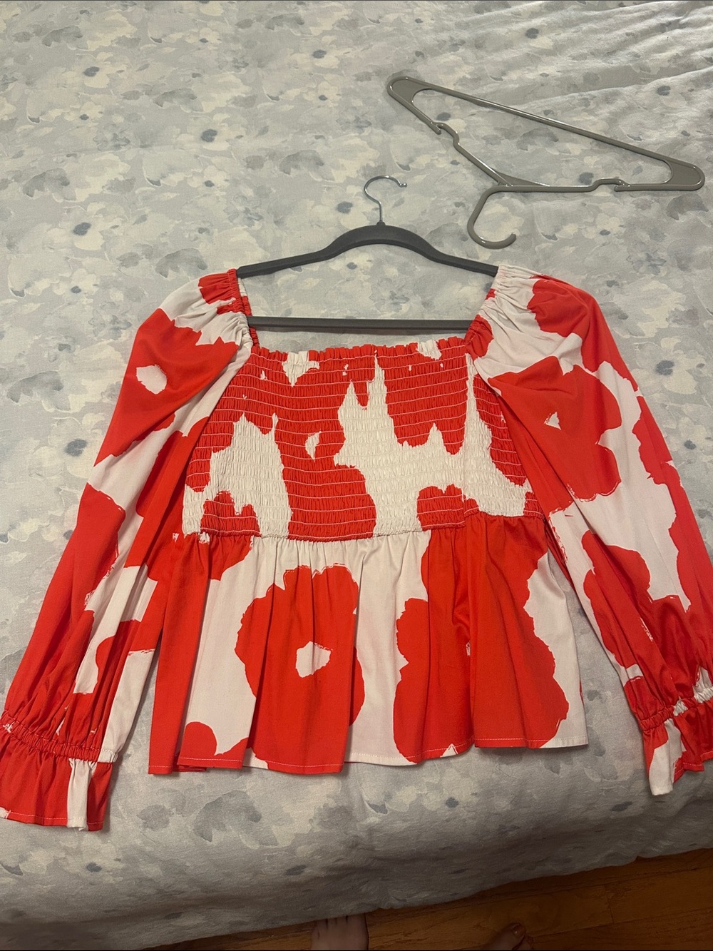 CROSBY by Mollie Burch Red and White Smocked Floral Peasant Top